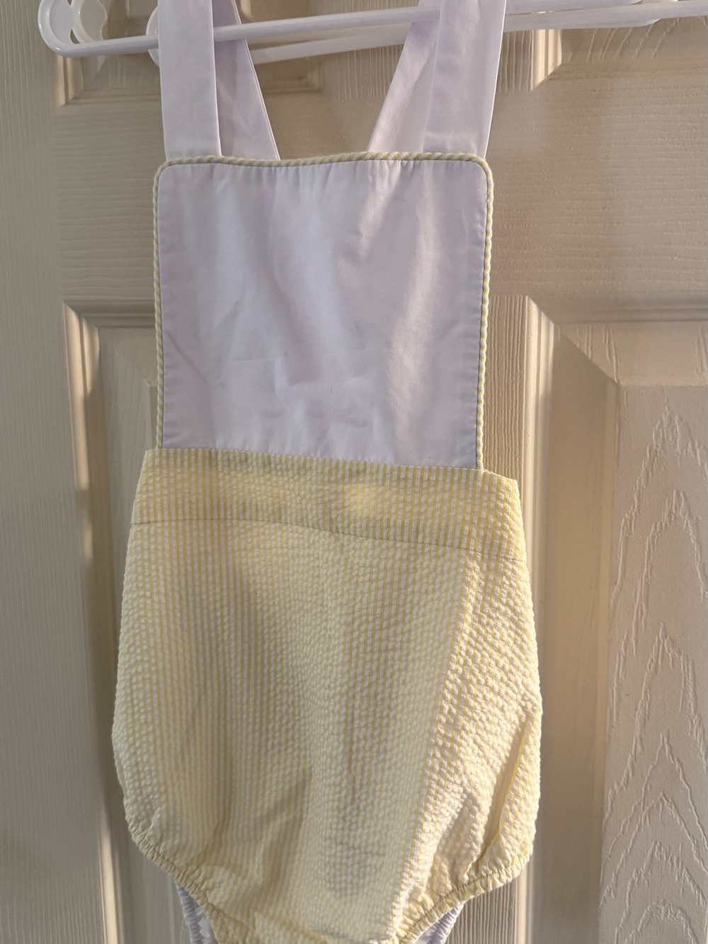 The Beaufort Bonnet Company Yellow Seersucker Bubble Romper with White Bib